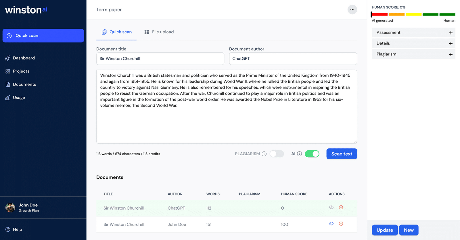 Screenshot of AI detector Winston AI