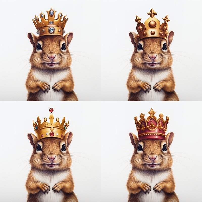 A grid of images generated by the Midjourney Bot using the prompt colored pencil squirrel wearing a crown to modify an existing image of a squirrel wearing a crown