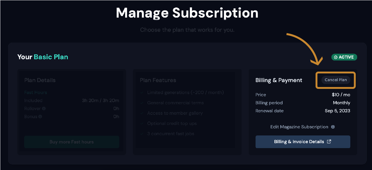 Image showing the Manage and Cancel Plan Popup for a Midjourney Subscriber