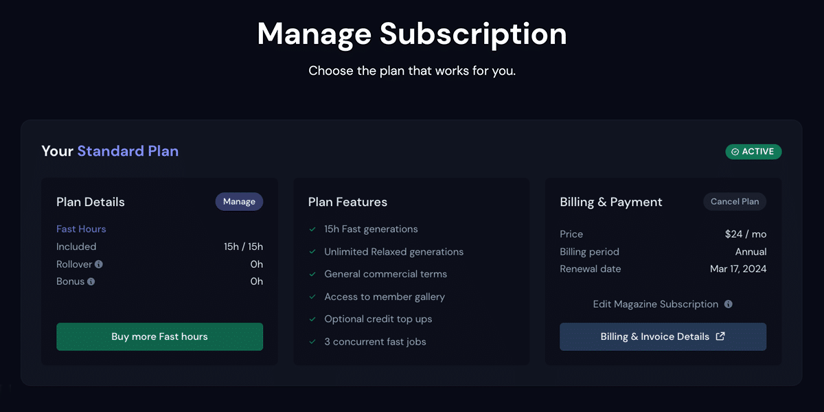 Image showing the Manage Subscription page for a Midjourney Subscriber