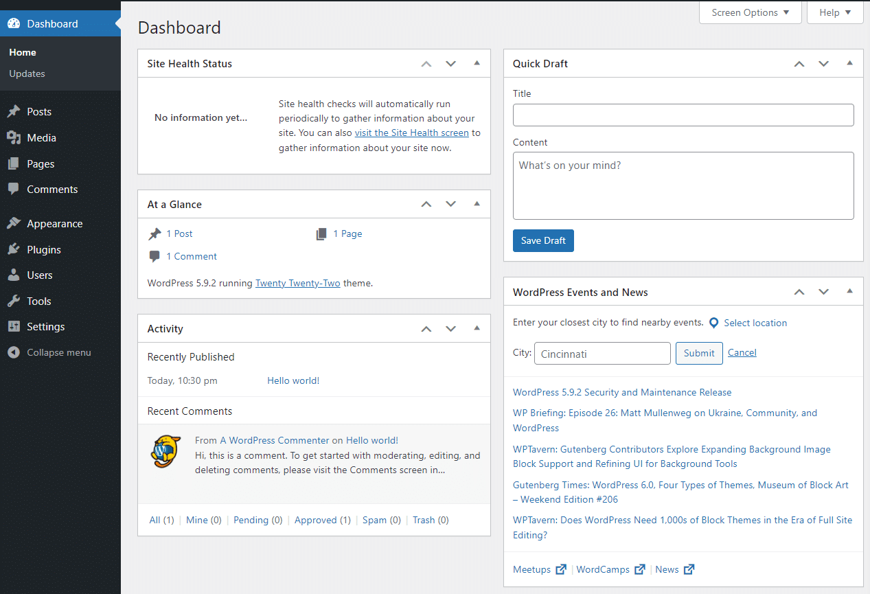 the default WordPress dashboard